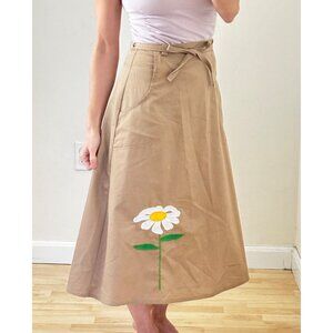 Vintage 60s/70s John Gate Wrap Tan Skirt with Daisy Flower Embroidery Applique